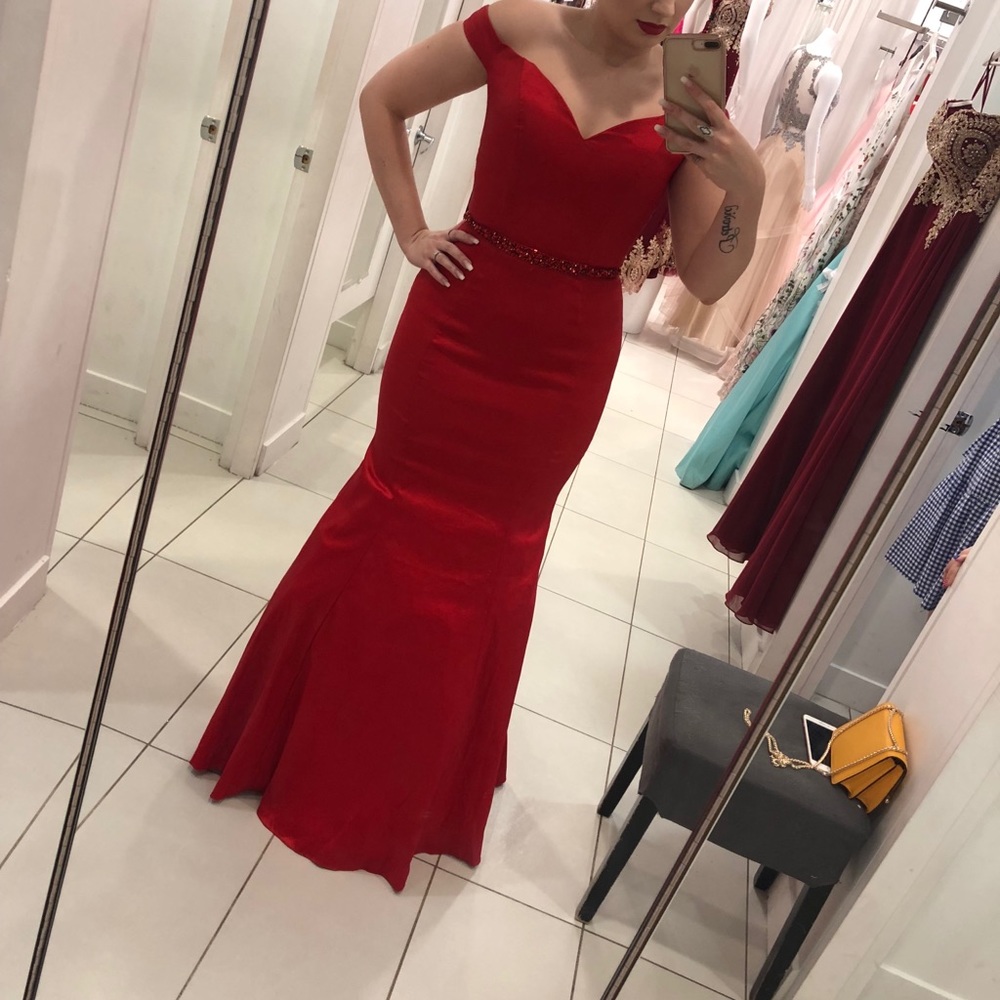 Red off the shoulder gown